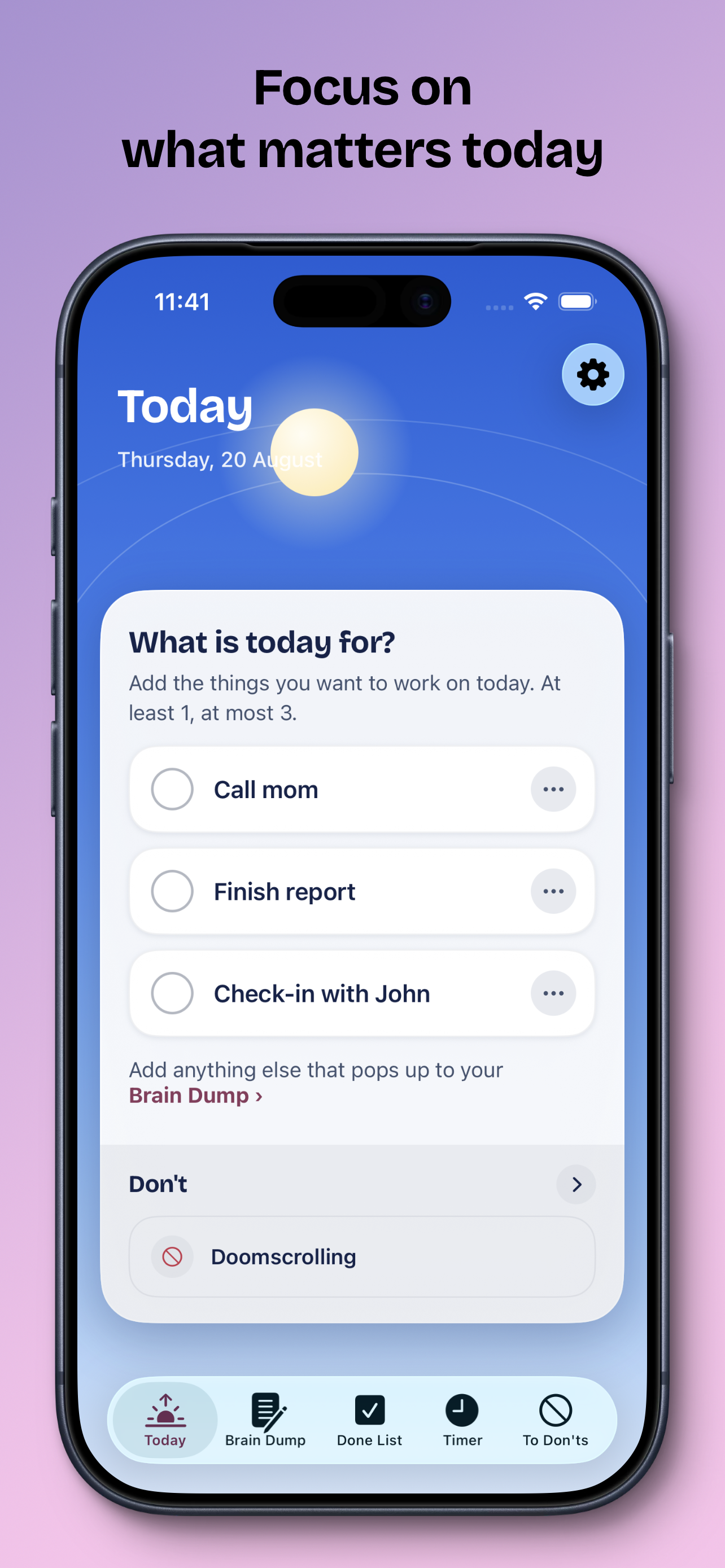 Screenshot of iOS app Efimera, showing a Today screen with the 3 todo row filled with things to do today. And a tabbar menu showing Today, Brain Dump, Done List, Timer and To Don'ts as options. At the top of the screen a sun is travelling across a blue sky. 