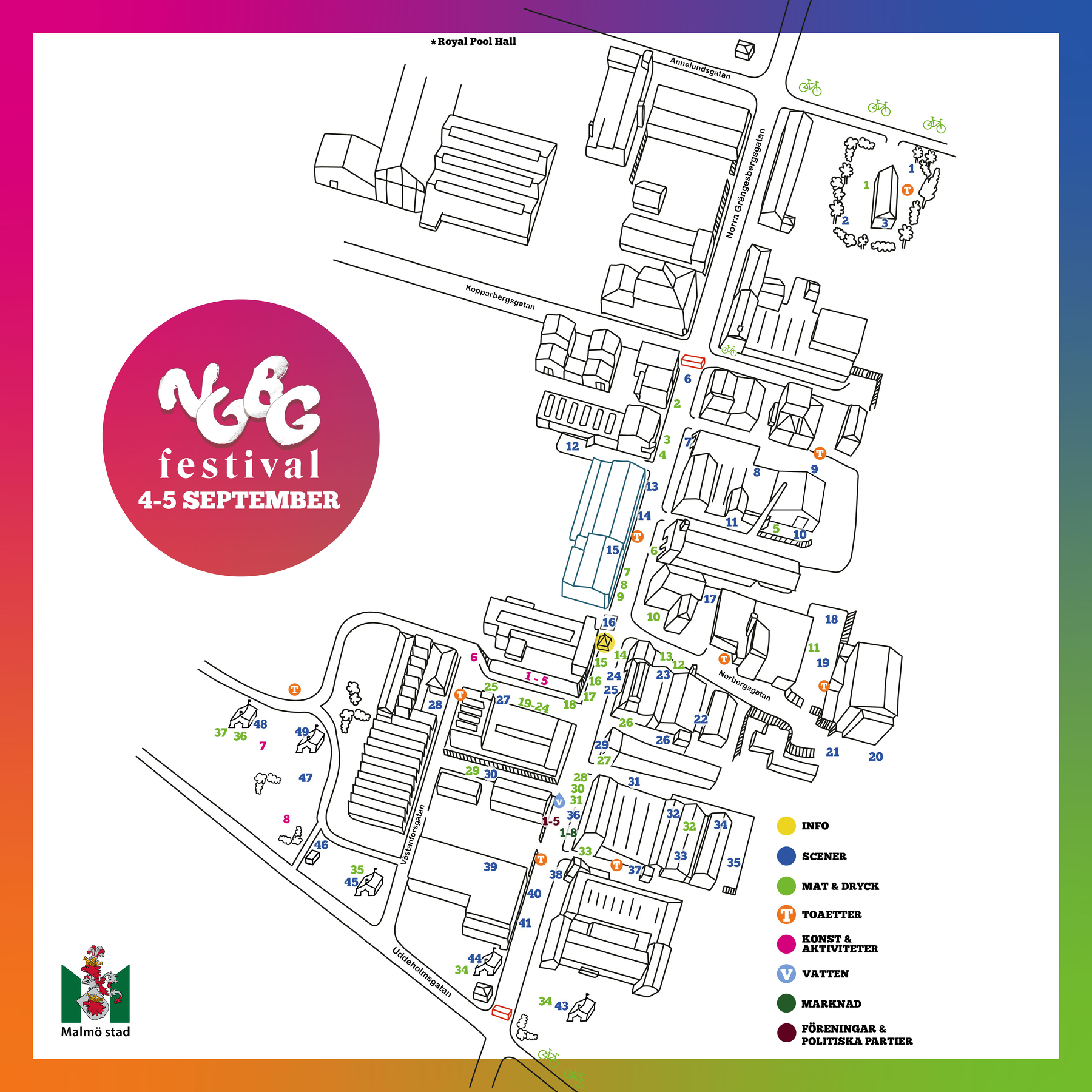 A map of the NGBG neighborhood with numbers indicating each of the performance venues for the festival