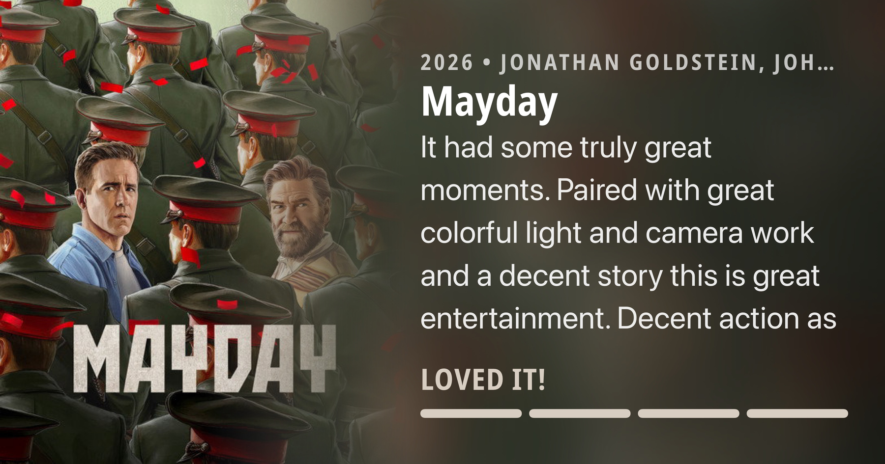 In dem Bild sind zwei Männer vor einer Gruppe von Soldaten in Uniform zu sehen, zusammen mit einer Filmkritik zum Film Mayday aus dem Jahr 2026.