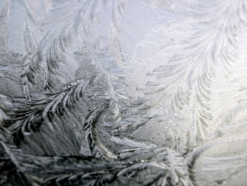 Intricate patterns of frost create a delicate, feather-like design on a surface.