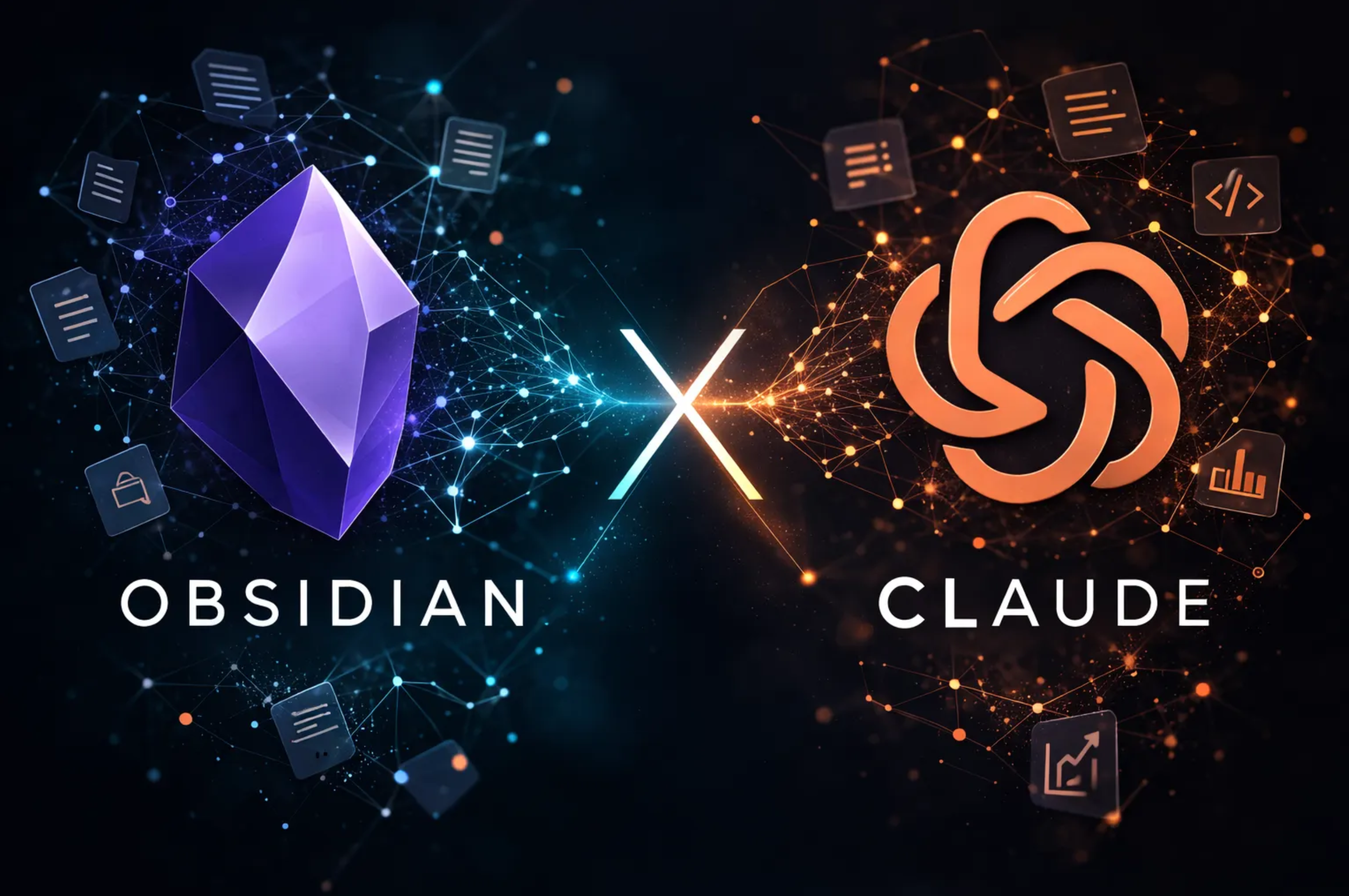 Obsidian and Claude logos connected by a glowing X, surrounded by various icons symbolizing data and technology.