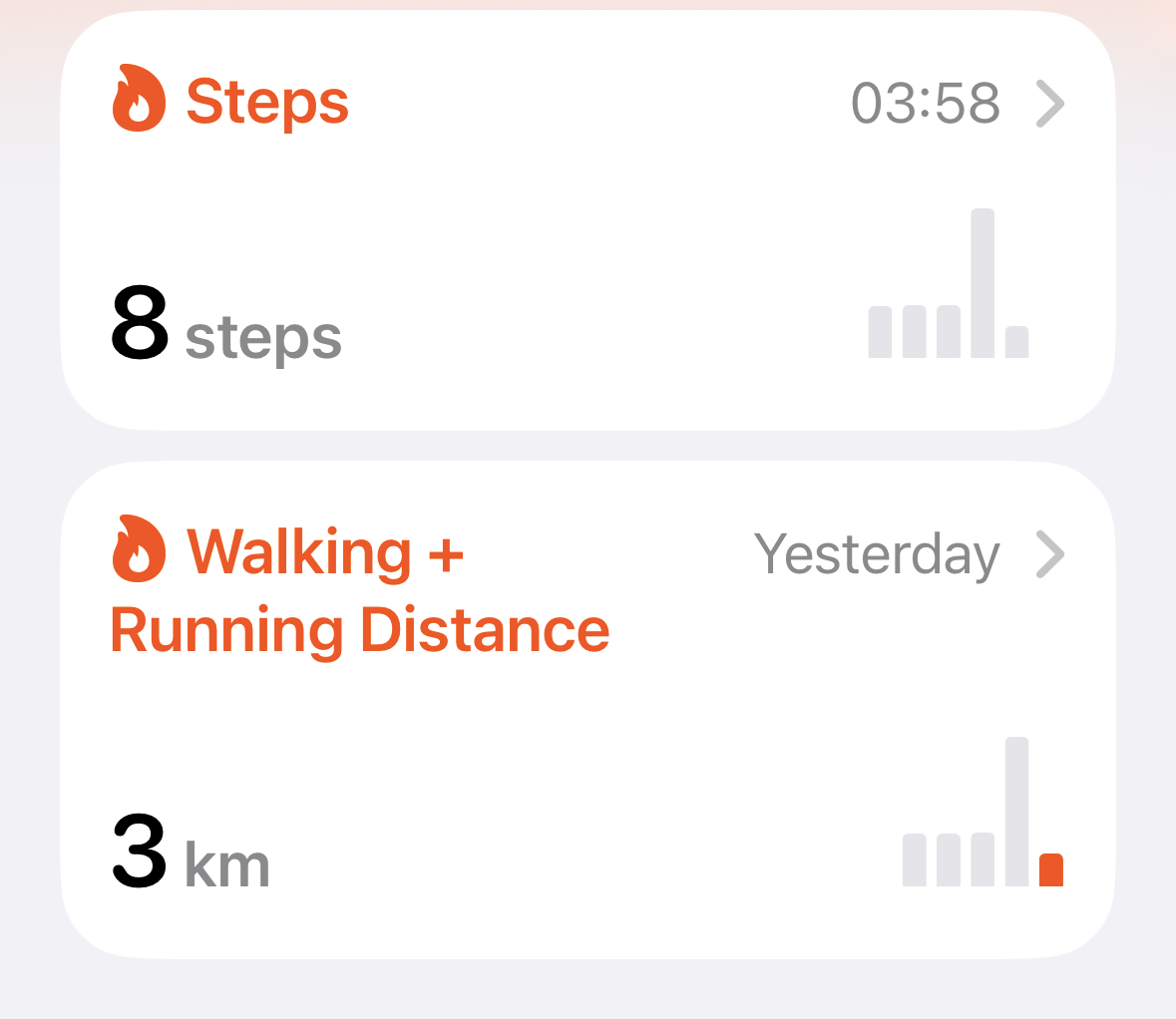 Screenshot from iOS Health app showing 8 steps taken for a walking/running distance of 3 Km
